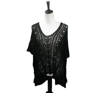 Unbranded Black Boxy Boho Pull Over Open Knit Poncho One Size